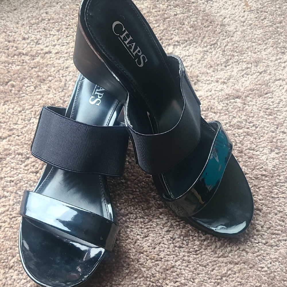Chaps Black Patent Leather Mules
